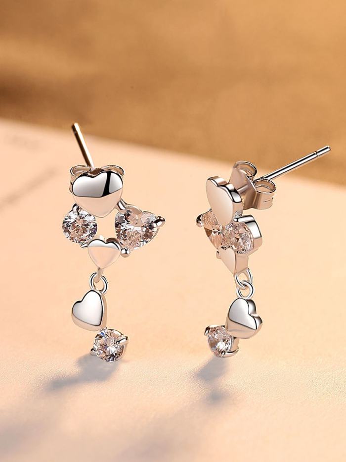 925 Sterling Silver Cubic Zirconia White Heart Dainty Drop Earring