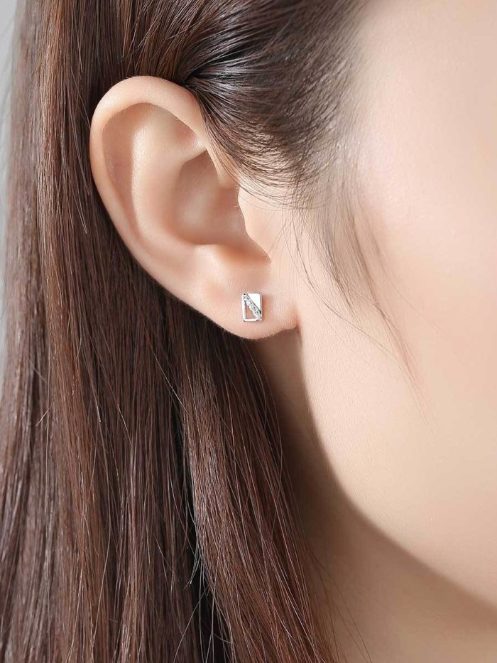 925 Sterling Silver With Rhinestone  Simplistic Square Stud Earrings