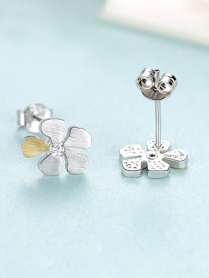 925 Sterling Silver With Cubic Zirconia  Cute Two-Color Flower Stud Earrings