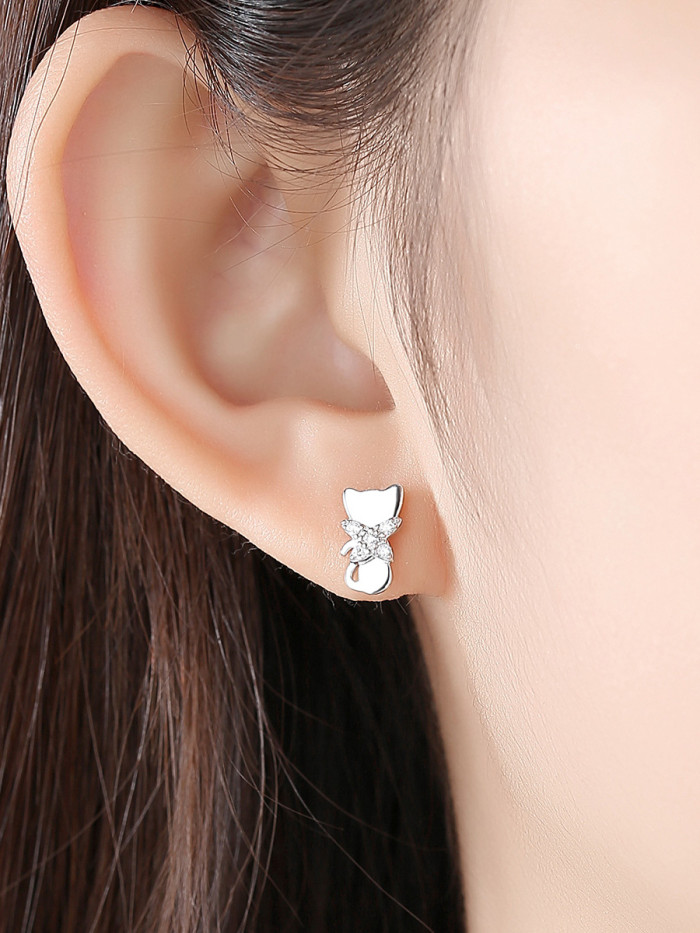 925 Sterling Silver Cubic Zirconia  Cute Cat Stud Earrings
