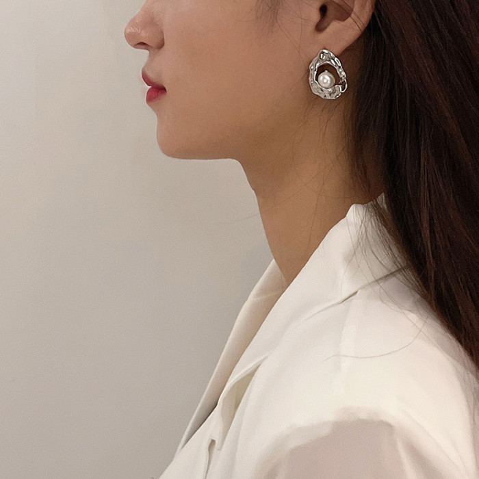 S925 Silver Baroque Pearl Irregular Geometric Shape Stud Crumpled Earrings