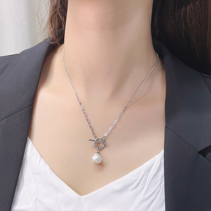 S925 Silver Baroque Pearl OT Buckle Chain Necklace