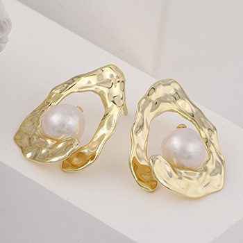 S925 Silver Baroque Pearl Irregular Geometric Shape Stud Crumpled Earrings