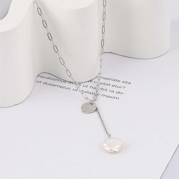 S925 Silver Baroque Pearl Love Shape Crumpled Pendant Chain Necklace