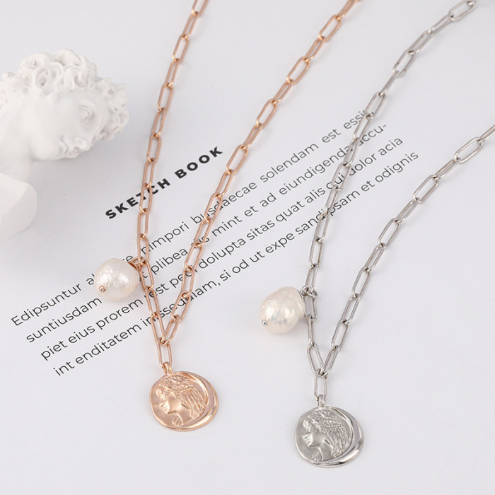 S925 Silver Necklace Medusa Design Baroque Pearl Coin Pendant Short Chain Necklace