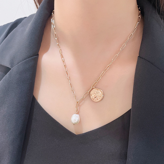 S925 Silver Necklace Medusa Design Baroque Pearl Coin Pendant Short Chain Necklace