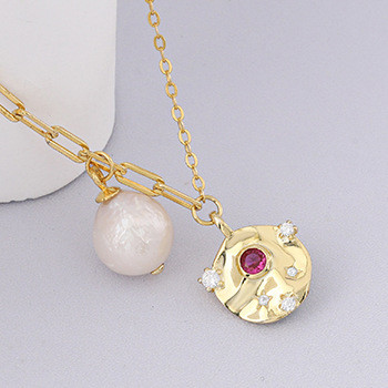 S925 Silver Baroque Pearl Necklace Round Shape Crumpled Pandant with Red Gemstone Pendant Chain Necklace