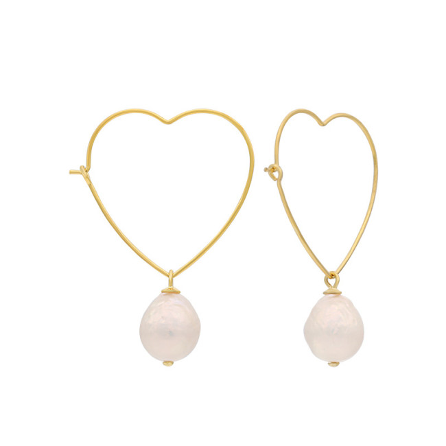 S925 Silver Baroque Pearl love heart Shape Hoop Earrings