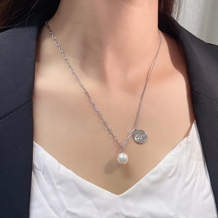S925 Silver Baroque Pearl Cion Pendant Necklace