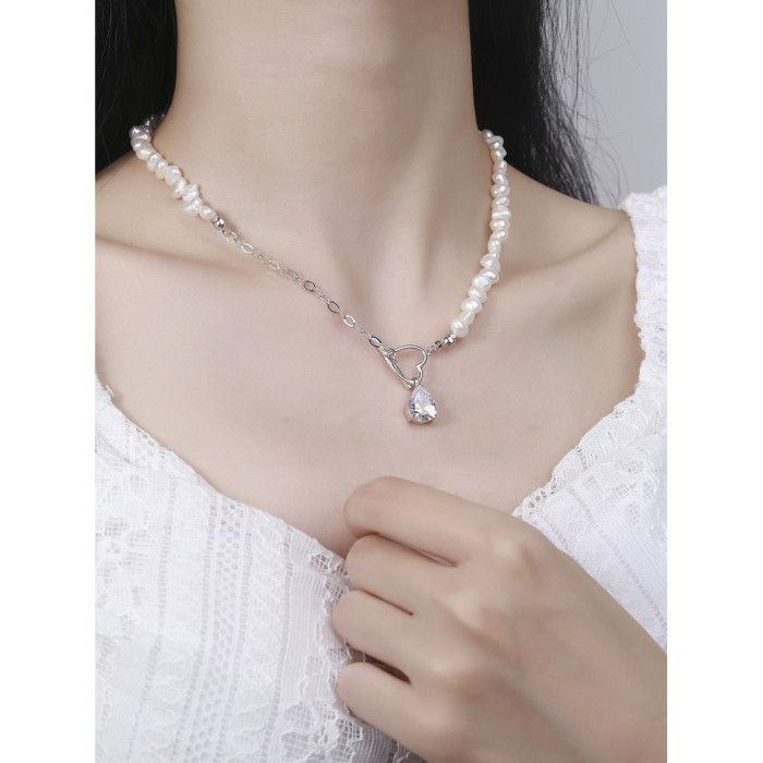 925 Sterling Silver Love To Zirconium Drip Of Water Lock Bone Fresh Water Pearl Collar Necklaces