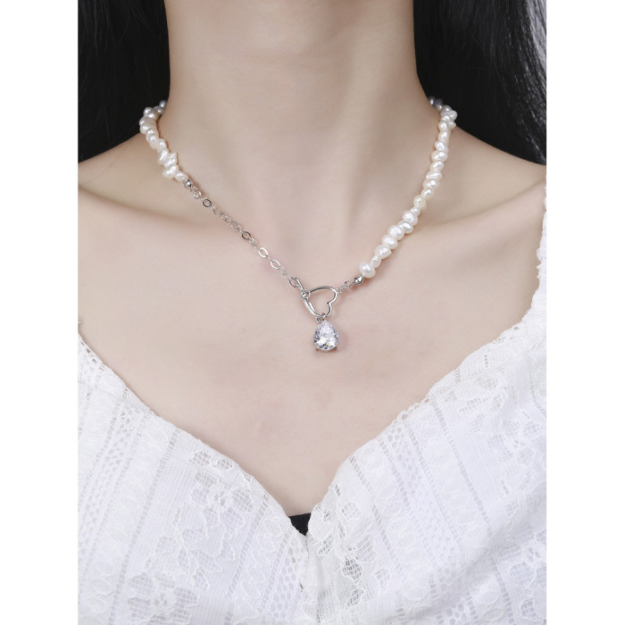 925 Sterling Silver Love To Zirconium Drip Of Water Lock Bone Fresh Water Pearl Collar Necklaces