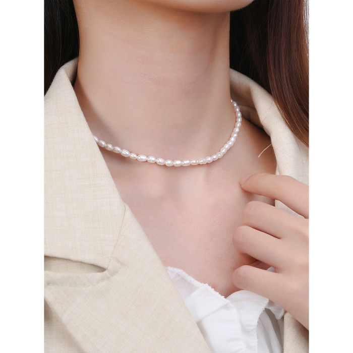 925 Sterling Silver Chic Simple Natural Lock Bone Fresh Water Pearl Collar Necklaces
