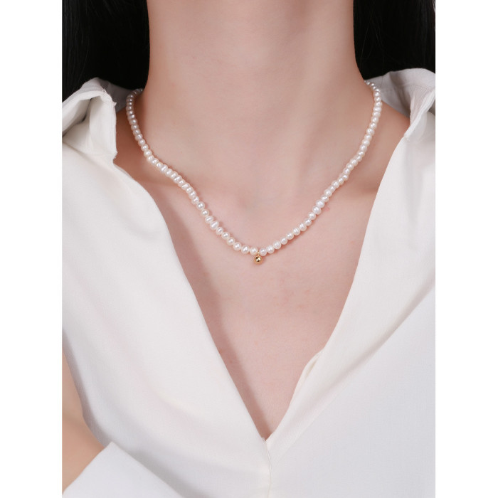 925 Sterling Silver Design Sense Golden Beads Female Versatile Item Ornaments Fresh Water Pearl Necklaces