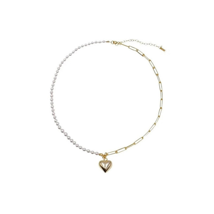 925 Sterling Silver Simple Love Symmetric Lock Bone Fresh Water Pearl Collar Necklaces