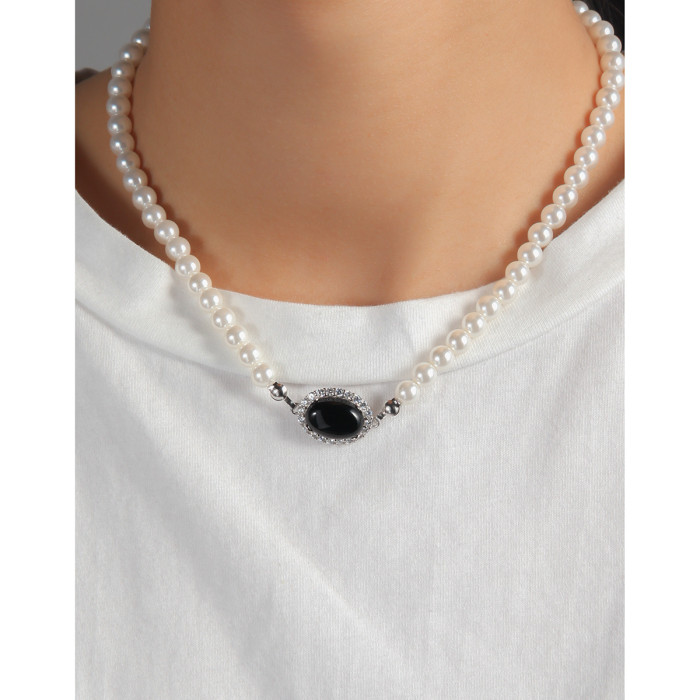 925 Sterling Silver Light Luxury Temperament Agate Lock Bone Fresh Water Pearl Collar Necklaces
