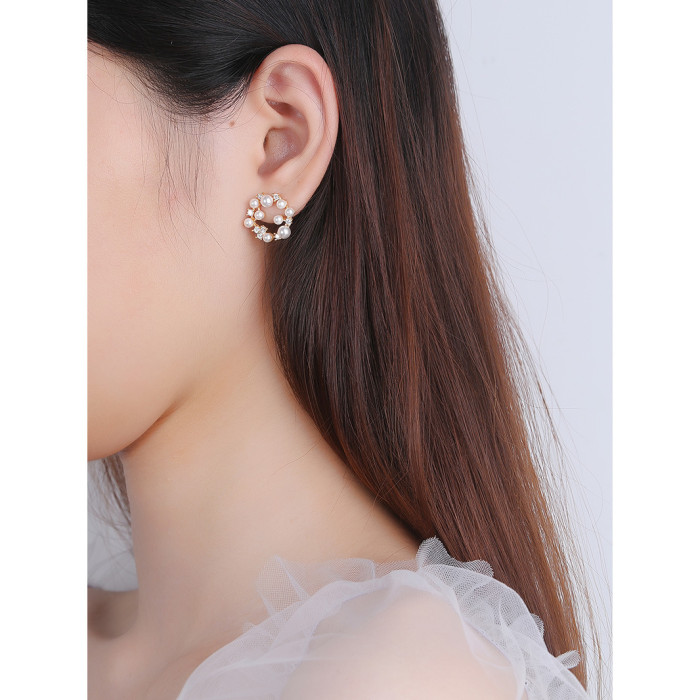 925 Sterling Silver Personality Bebead Zirconium Flower Ring Ear Ornaments Fresh Water Pearl Stud Earrings