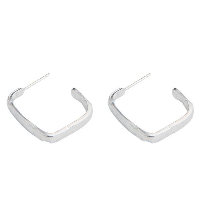 925 Sterling Silver Design Sense Light Luxury Fold Square Hook Minimalist Stud Earrings