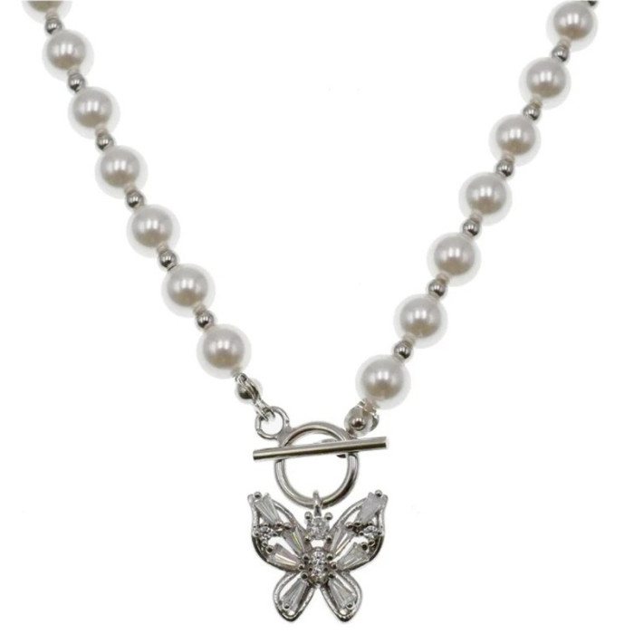 925 Sterling Silver Zirconium Butterfly Temperament Fresh Water Pearl Necklaces