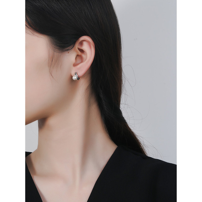 925 Sterling Silver Fashion Simple Flow Line Ear Ornaments Fresh Water Pearl Stud Earrings