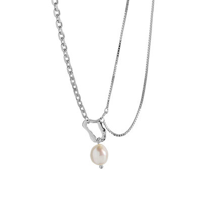 925 Sterling Silver Barlock Symmetric Chain Body Fresh Water Pearl Necklaces