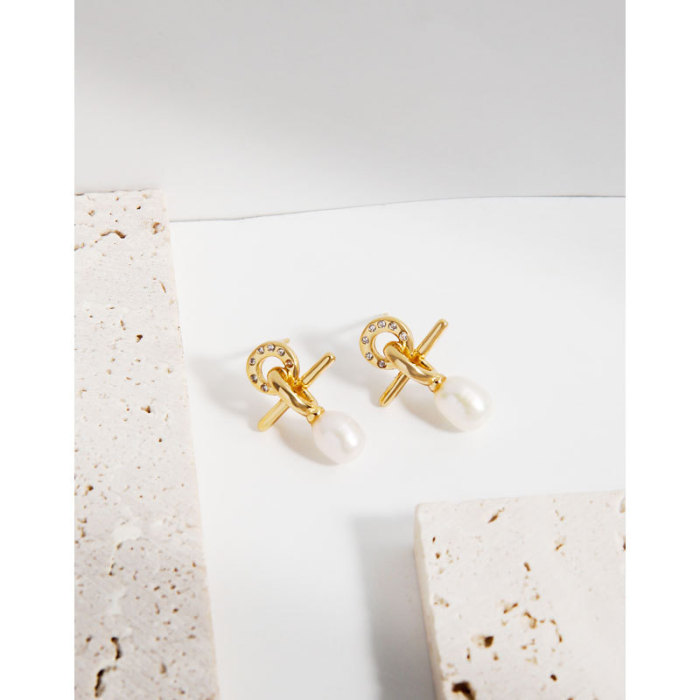925 Sterling Silver Light Luxury Cross Zirconium Fresh Water Pearl Stud Earrings