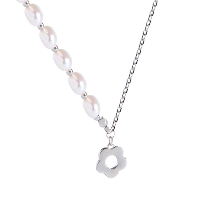 925 Sterling Silver Flowers Symmetric Lock Bone Fresh Water Pearl Collar Necklaces