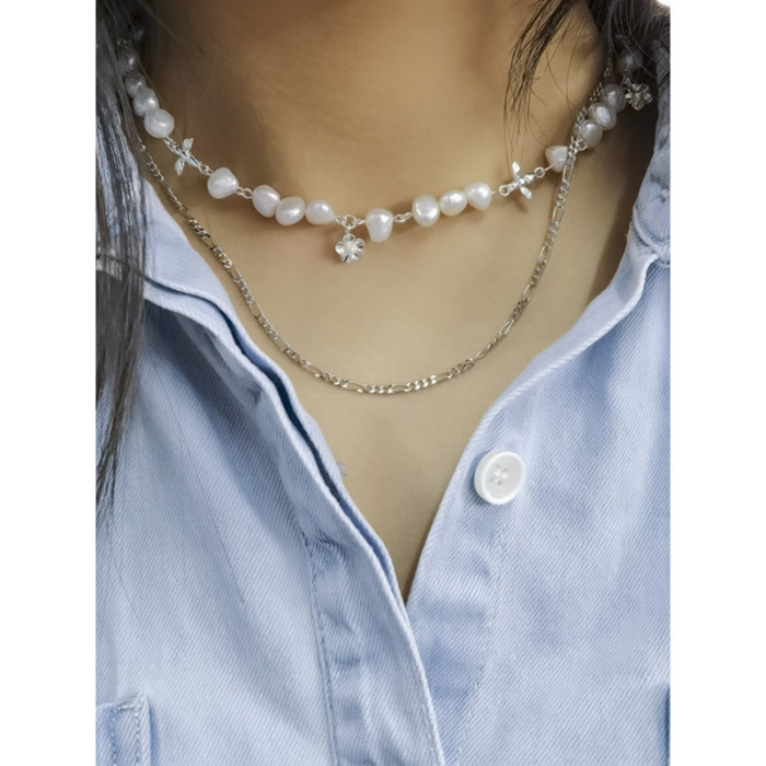 925 Sterling Silver Natural Spring Lock Bone Fresh Water Pearl Collar Necklaces