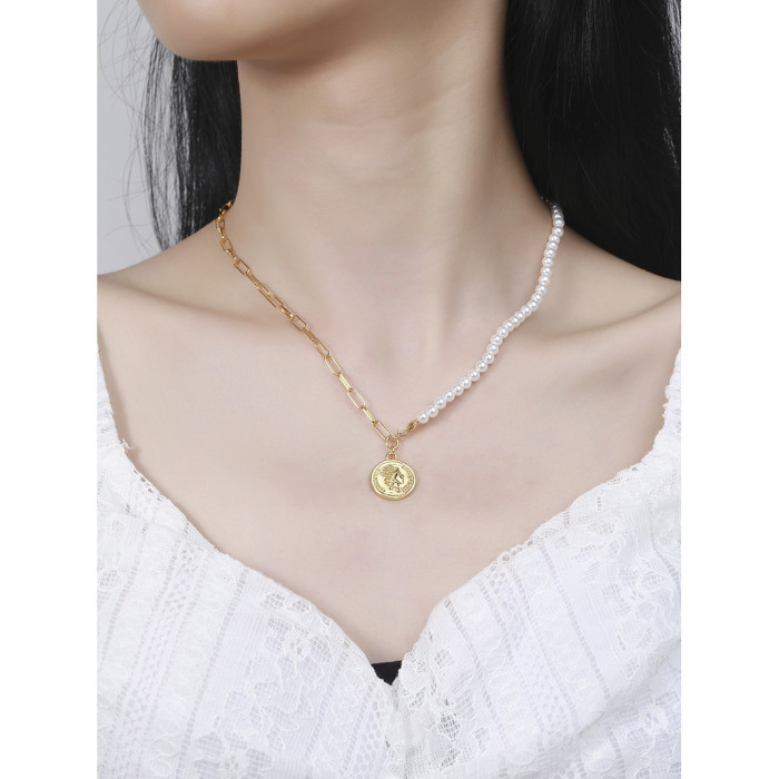 925 Sterling Silver Simple Chic Gold Coins Lock Bone Fresh Water Pearl Collar Necklaces