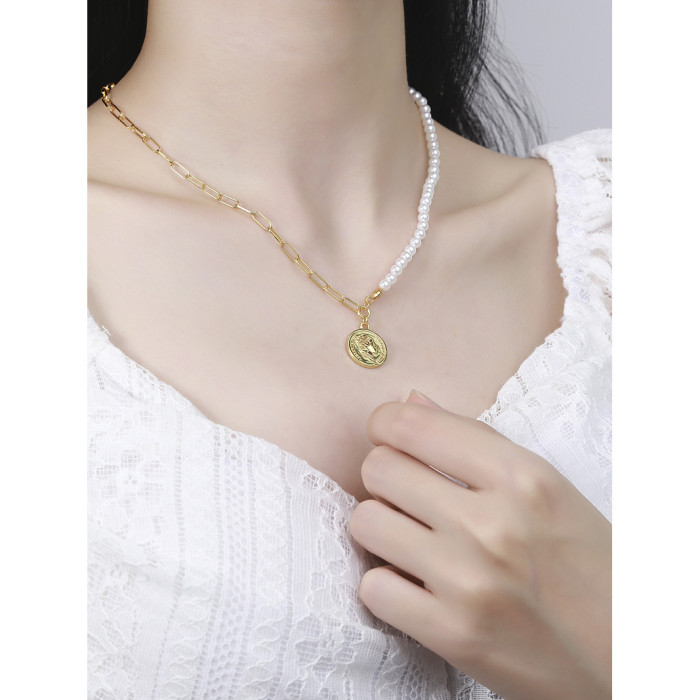 925 Sterling Silver Simple Chic Gold Coins Lock Bone Fresh Water Pearl Collar Necklaces
