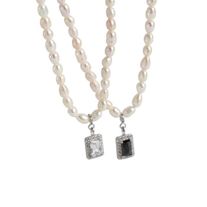 925 Sterling Silver Gem Lock Bone Fresh Water Pearl Collar Necklaces