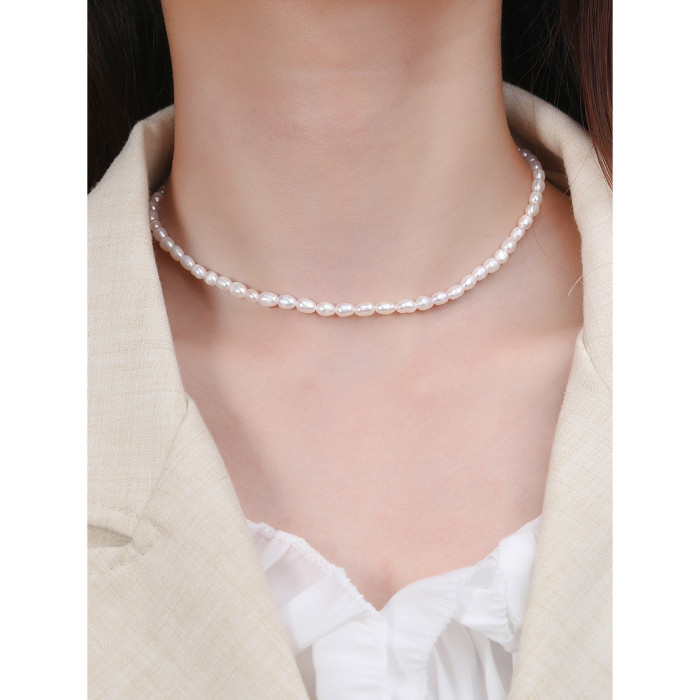 925 Sterling Silver Chic Simple Natural Lock Bone Fresh Water Pearl Collar Necklaces