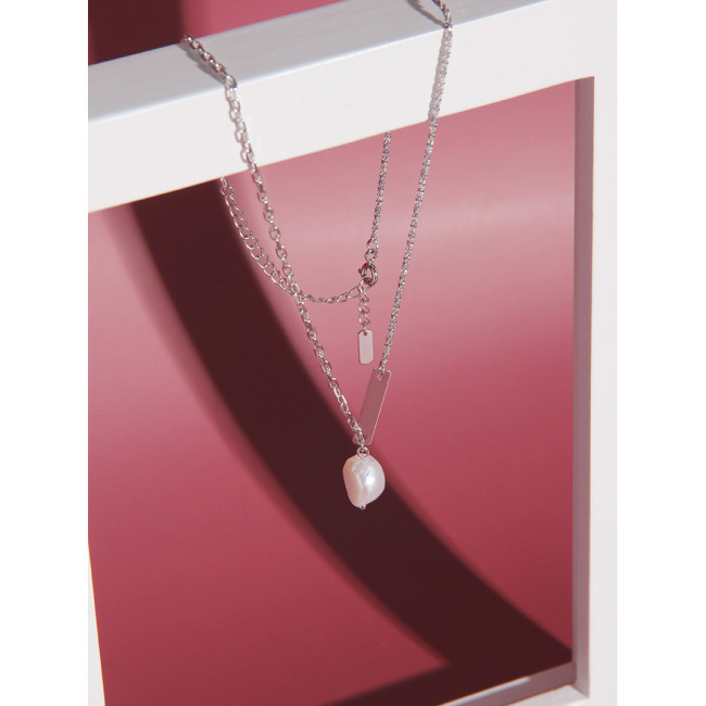925 Sterling Silver Symmetric Lock Bone Fresh Water Pearl Collar Necklaces