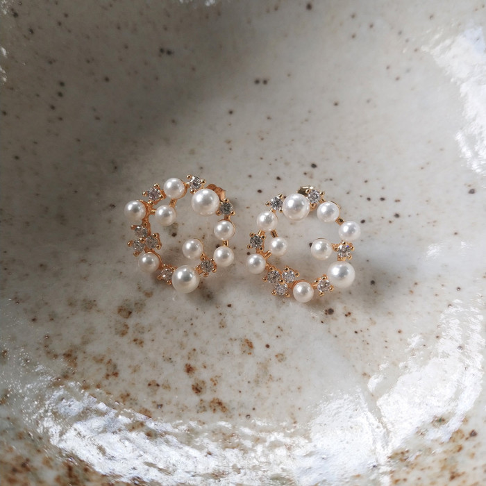925 Sterling Silver Personality Bebead Zirconium Flower Ring Ear Ornaments Fresh Water Pearl Stud Earrings
