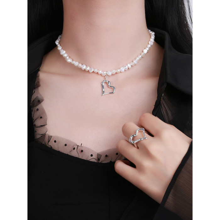 925 Sterling Silver Hollow Out Love Lock Bone Fresh Water Pearl Collar Necklaces