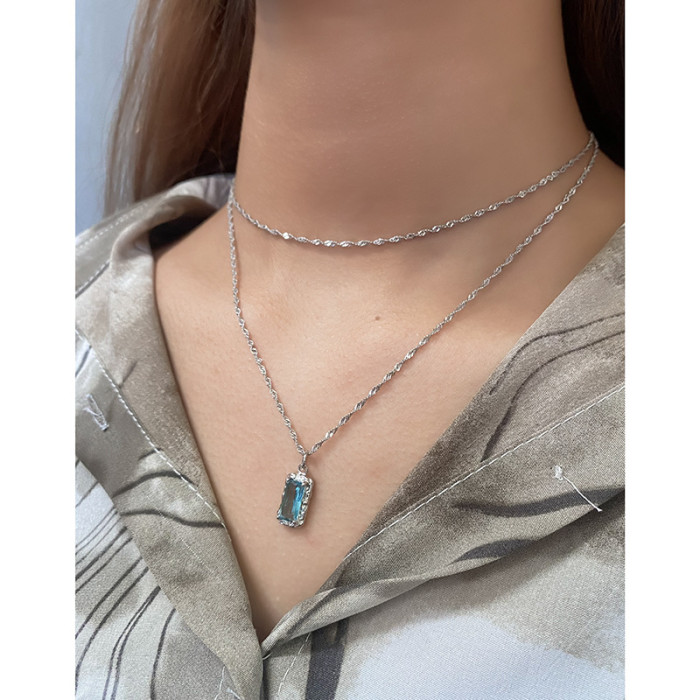 925 Sterling Silver Simple Personality Sea Blue Lock Bone Crumpled with Gemstone Collar Necklaces