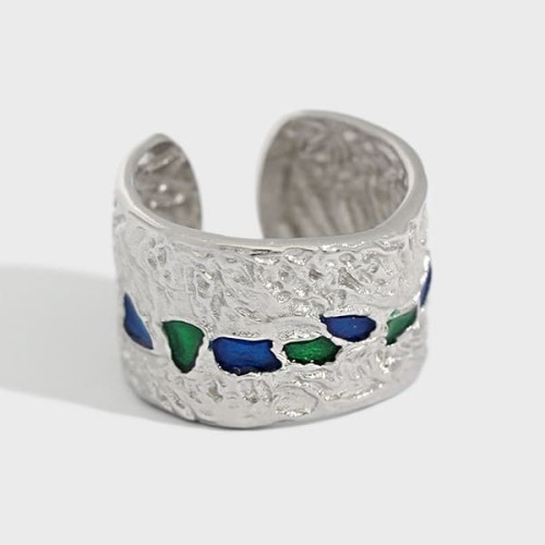925 Sterling Silver Enamel Irregular Artisan Band Ring