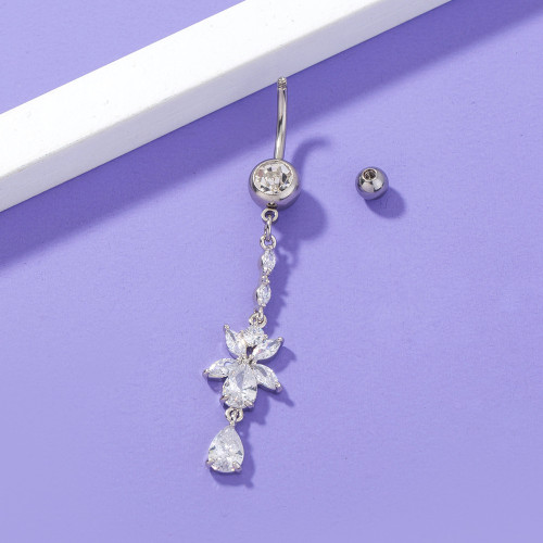 Popular Creative Exquisite Zircon Tassel Navel Nail Piercing Personalized Flower Drop Pendant Navel Ring Women