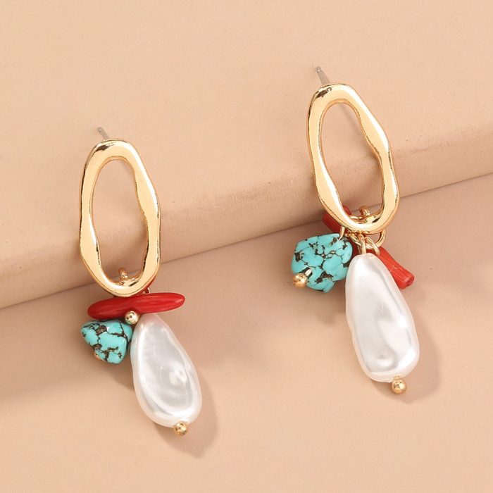 Oval Hollow Out Earrings Famous Family Style Characteristic Natural Turquoise Coral Stone Earrings Earrings