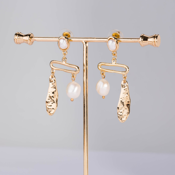 Fashion Personality Creative Jewelry Original Design Natural Pearl Asymmetric Metal Pendant Earring Earpin Women