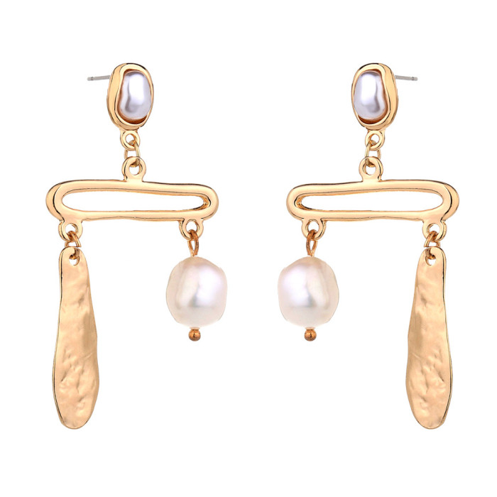 Fashion Personality Creative Jewelry Original Design Natural Pearl Asymmetric Metal Pendant Earring Earpin Women