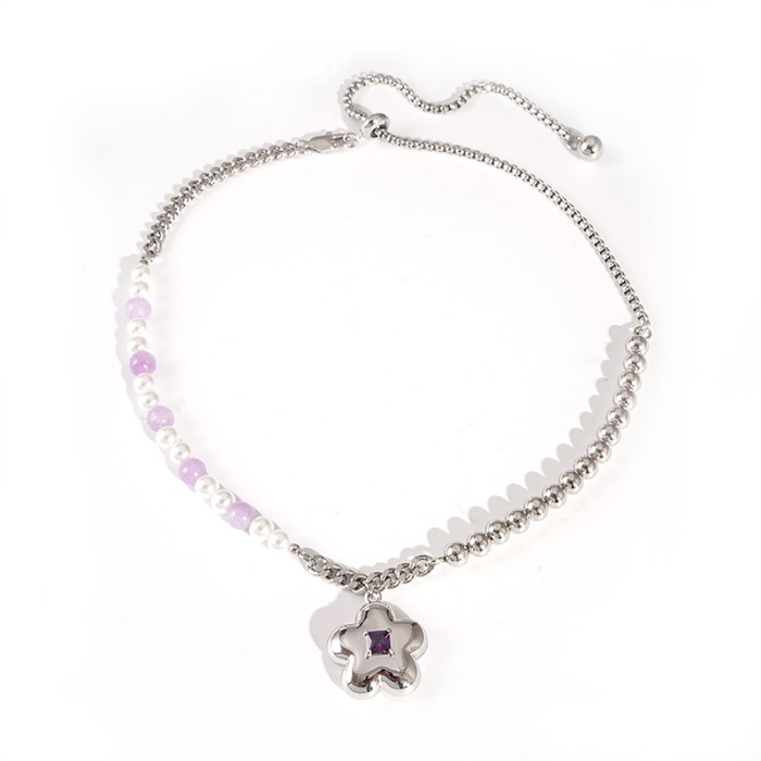 Pearl Necklace Women Light Luxury Silver Flower Pendant Metal Splicing Design Sweater Chain Bone Chain
