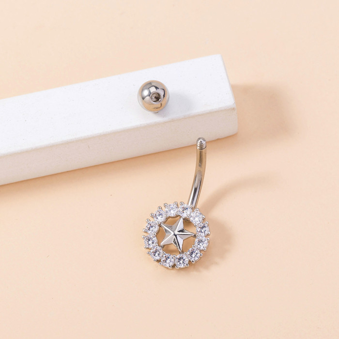 Exaggerated Personality Micro Inlaid Round Five Pointed Star Navel Nail Zircon Piercing Navel Accessory Girl