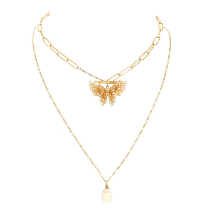 Simple Natural Opal Drop Pendant Necklace Cool Wind Butterfly Buckle Overlay Necklace Women