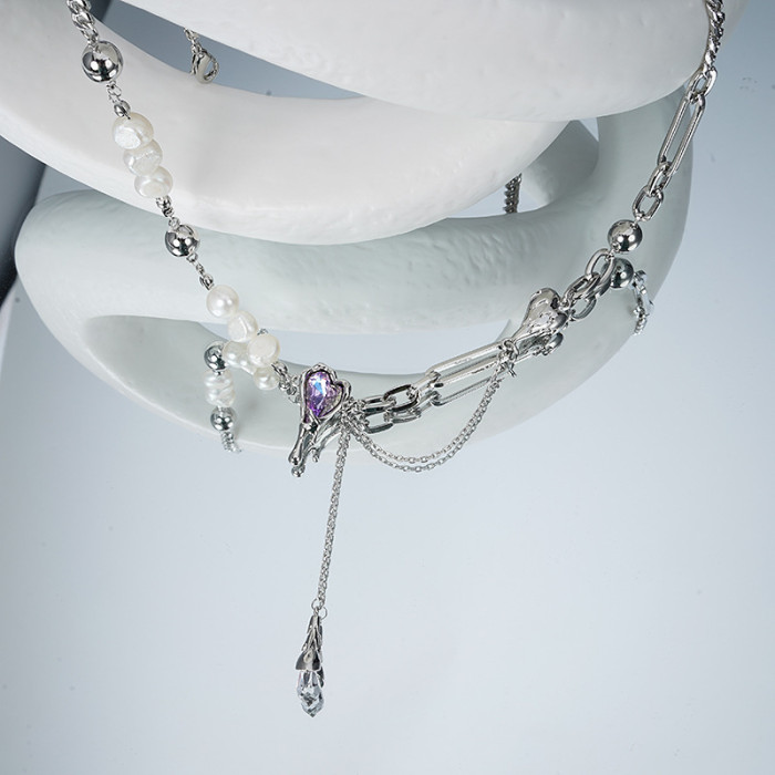 Pearl Necklace Women Love Light Luxury Zircon Silver Stitched Collarbone Chain Niche Design Sweater Chain