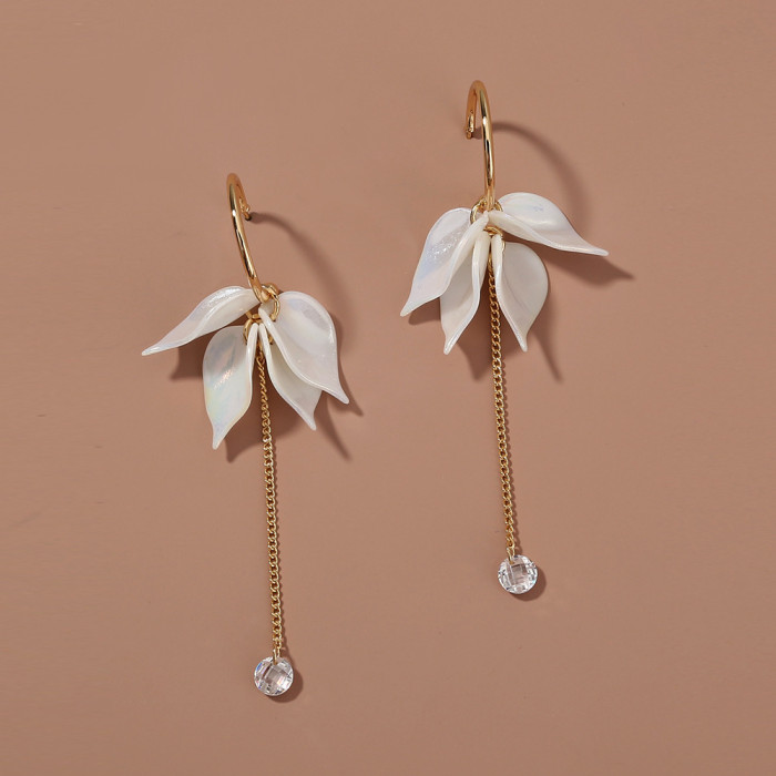 C-Shaped Ear Hook Long Tassel Colorful Pearl White Leaf Zircon Pendant Earrings Fresh Style Earrings Women