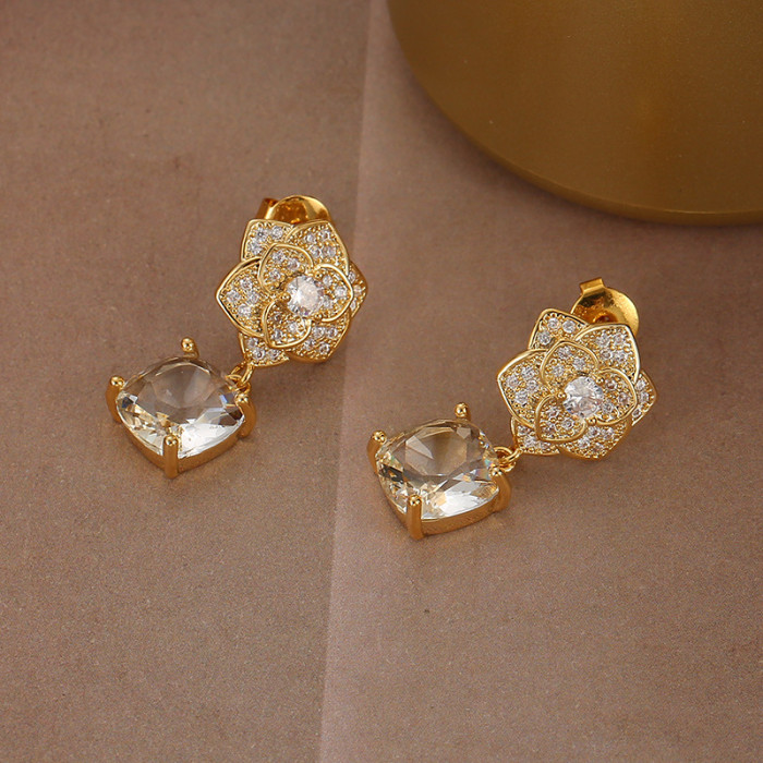Flower Earrings Women'S Light Luxury Geometric Zircon Earrings Fashion Versatile Niche Design Earrings