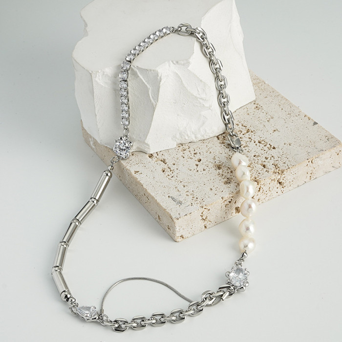 Natural Pearl Necklace Women Hip Hop Zircon Decorative Niche Design Summer Trend Style Cool Wind Collarbone Chain