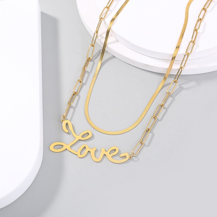 Simple And Exaggerated Love Letter Overlay Necklace Flat Gold Chain Lattice Chain Necklace