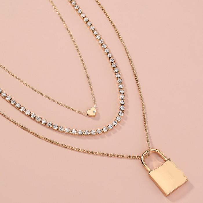 Popular Street Shot Neckwear Fashion Exaggerated Personality Lock Pendant Multi-Layer Diamond Inlaid Gold Necklace Women