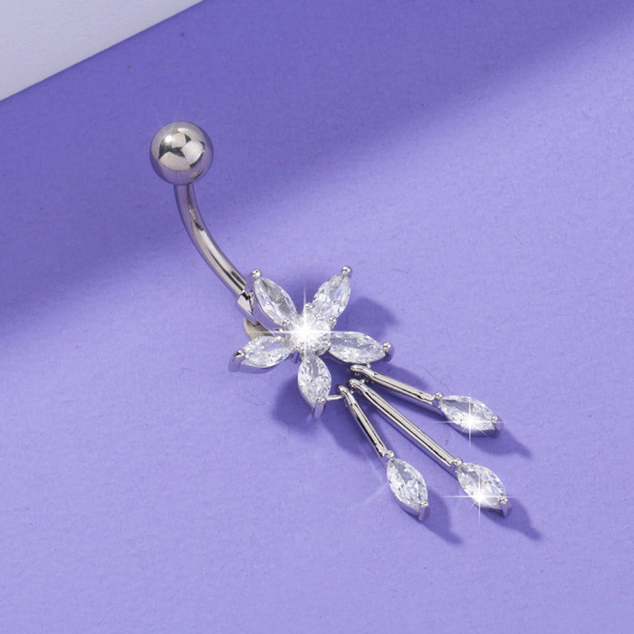 Style Light Luxury Zircon Flower Tassel Belly Button Nail Belly Dance Accessories Belly Button Ring Piercing Jewelry